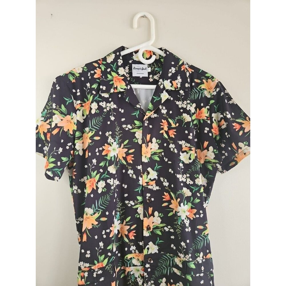 Romper Jack Romper Floral Short Sleeve Button Down Shorts, Black, Adult L